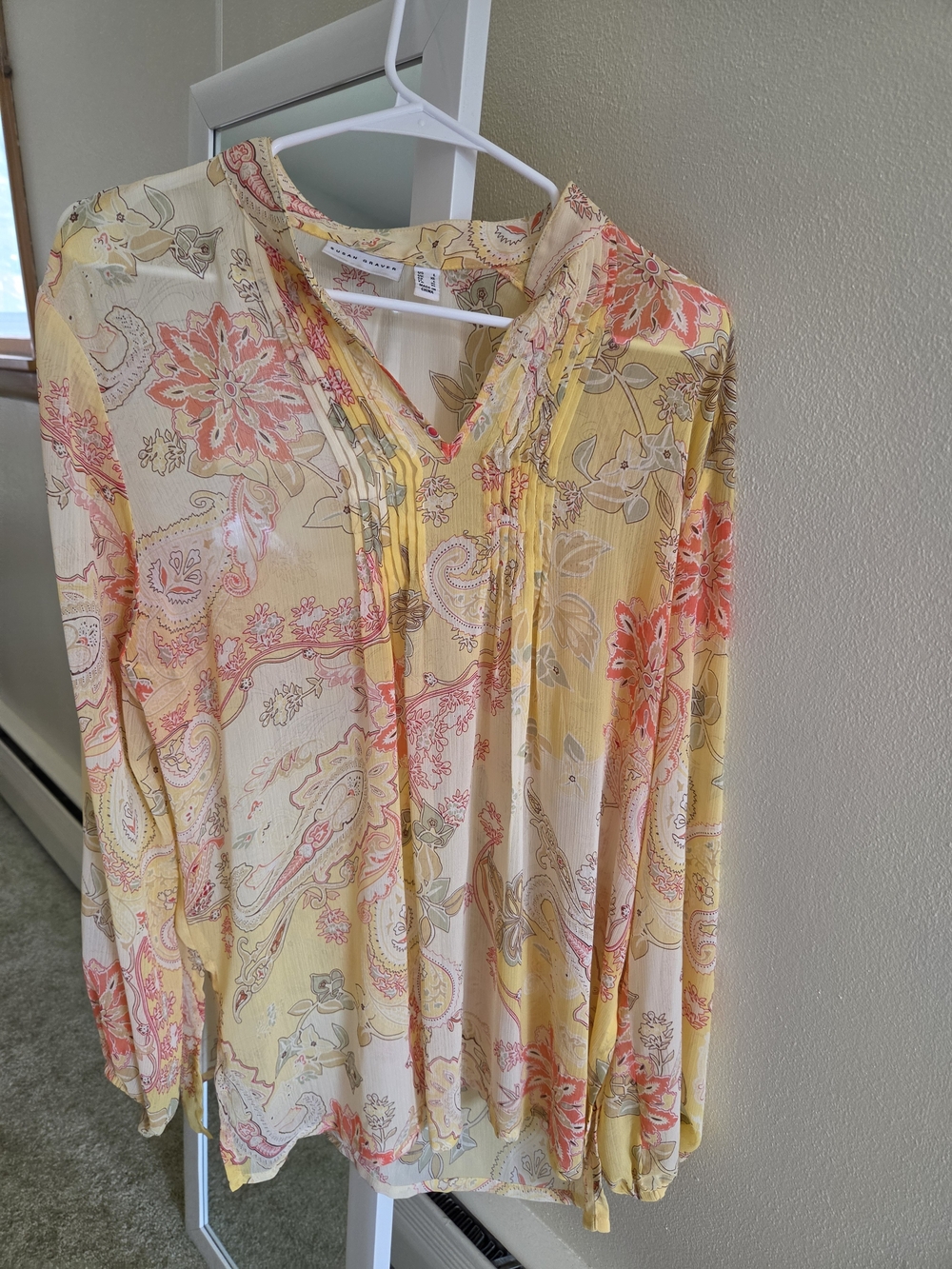 Susan Graver Yellow and Coral Floral-Paisley V-Neck Tunic